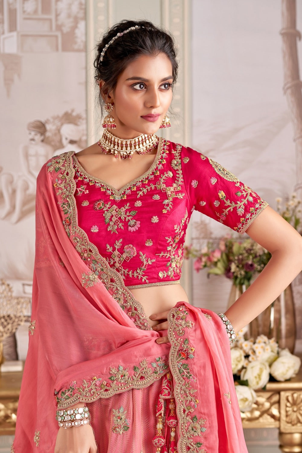 Rouge pink tissue silk lehenga choli with machine work