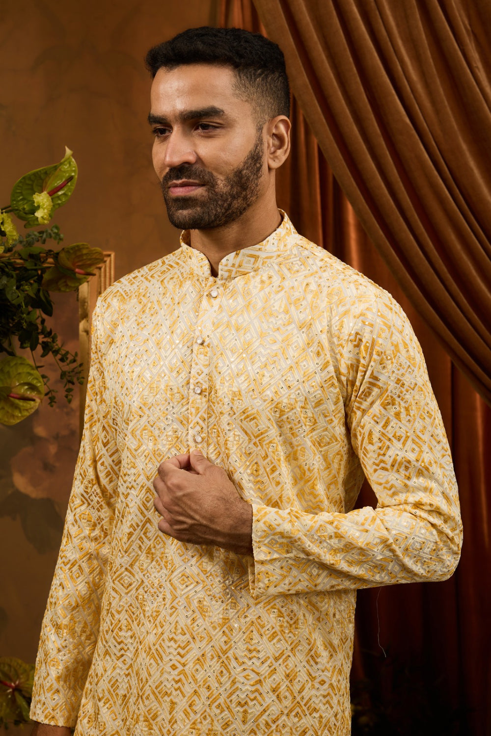 Yellow silk kurta pajama set with sequin machine work