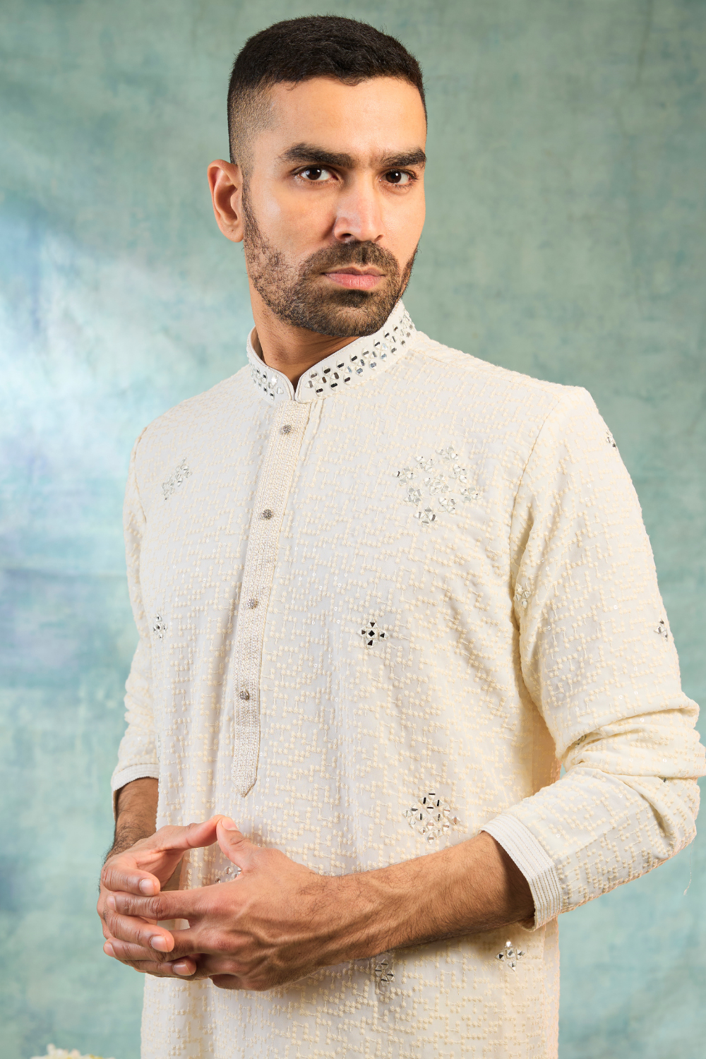 Cream silk kurta set with ivory thread work and embroidery