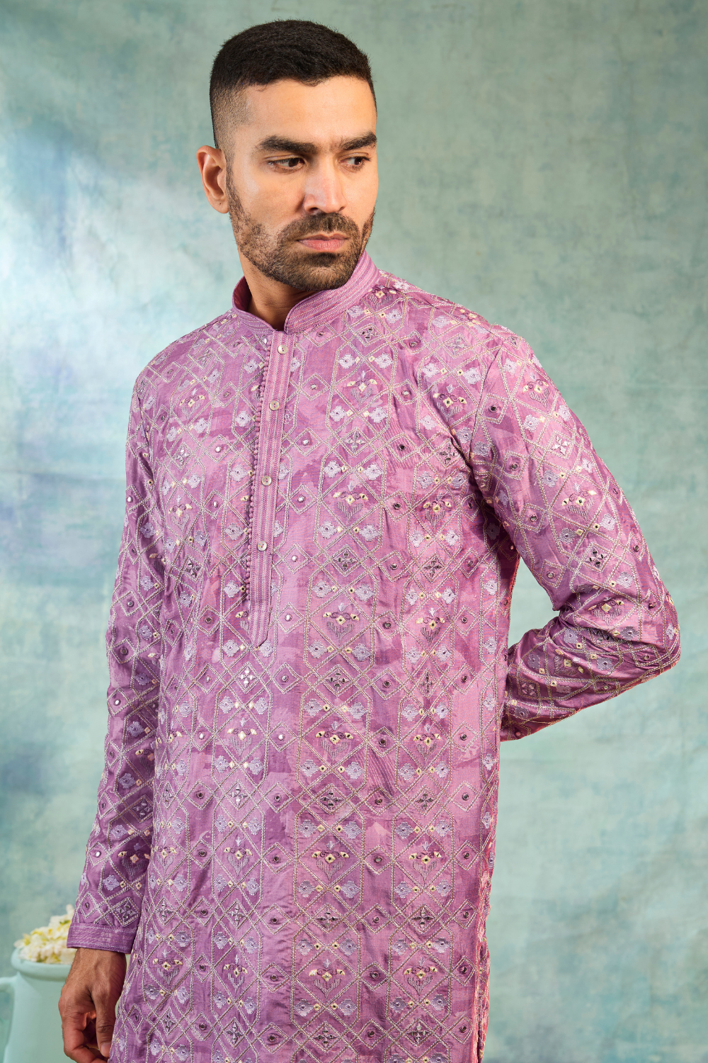 Deep pink kurta with golden thread and mirror work with pyjamas