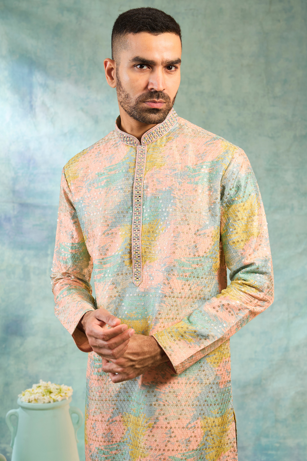 Sea blue silk kurta set with thread and sequence work