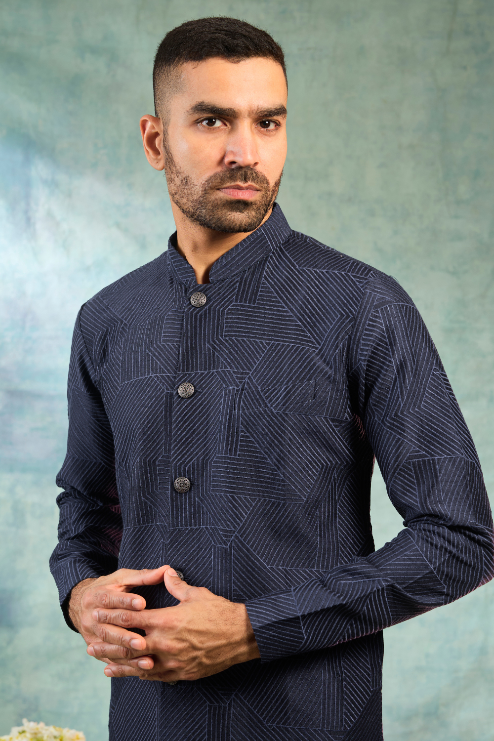 Dark blue kurta set with contrast thread work