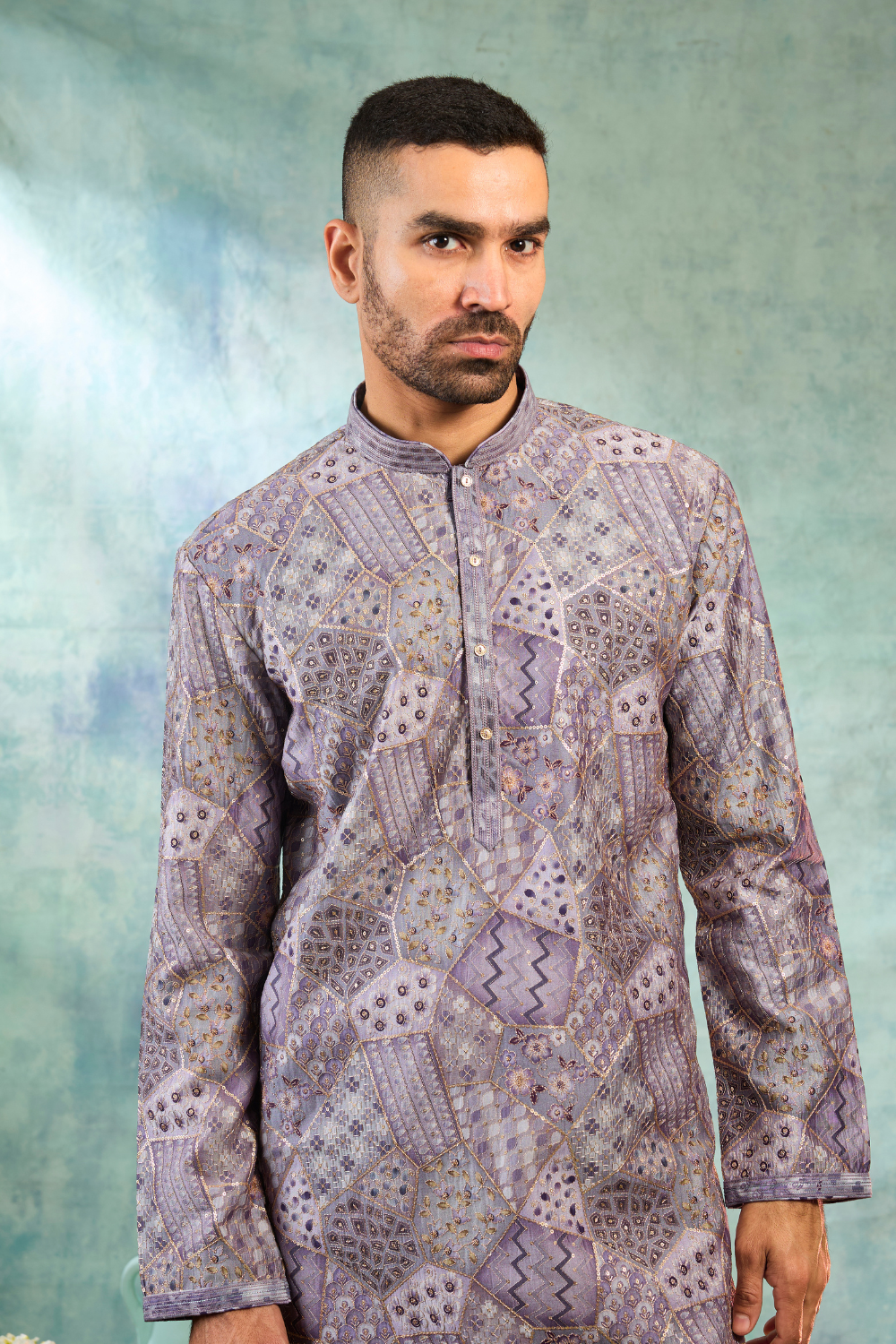 Purple silk kurta set with multicolour thread work