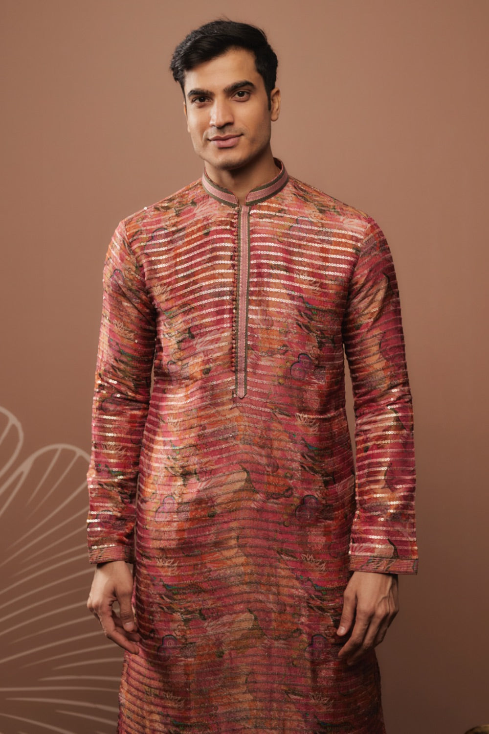 Orange and pink silk kurta & pajama with floral hand and machine work