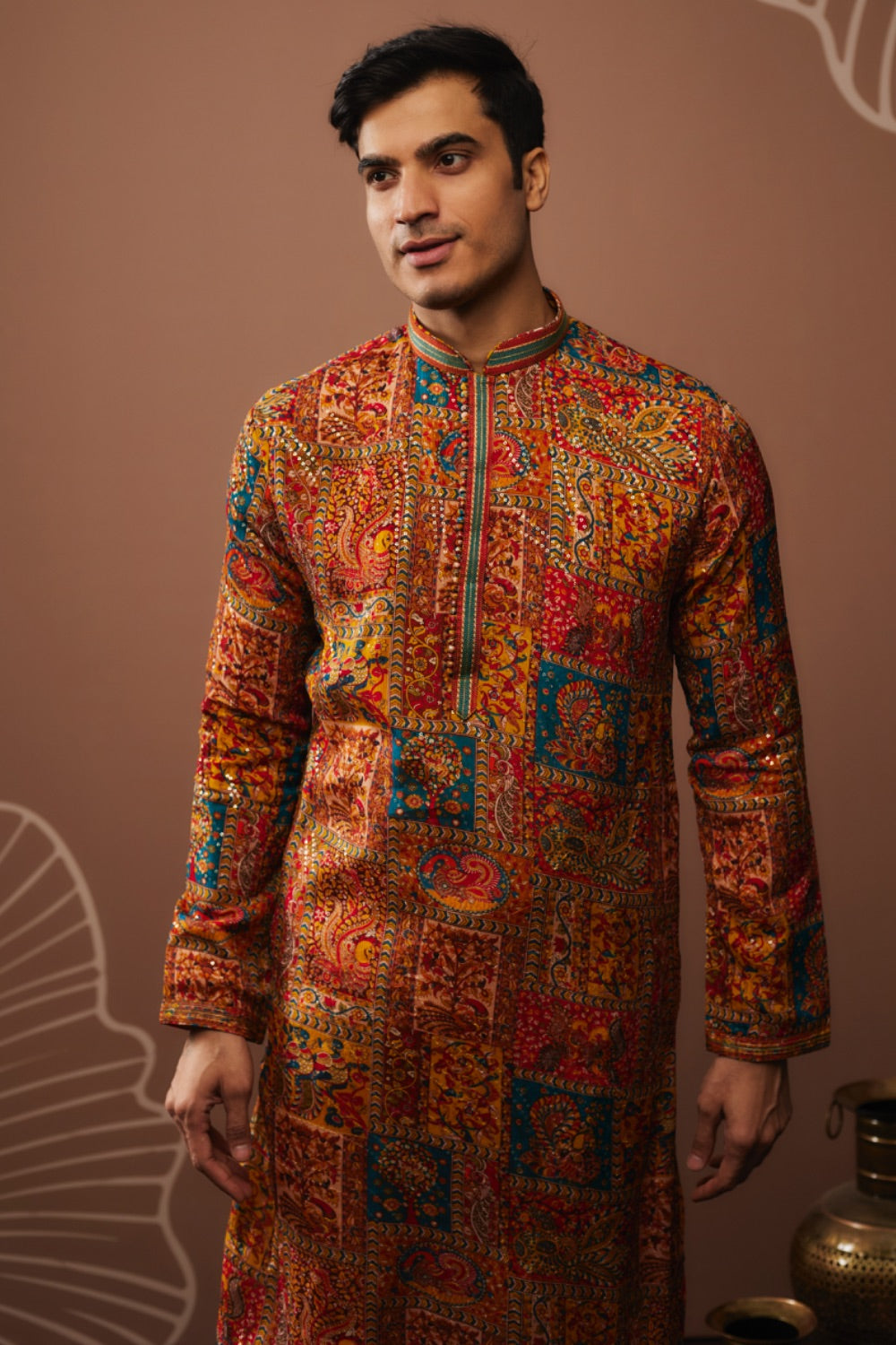 Orange silk kurta & pajama with colourful hand & machine work