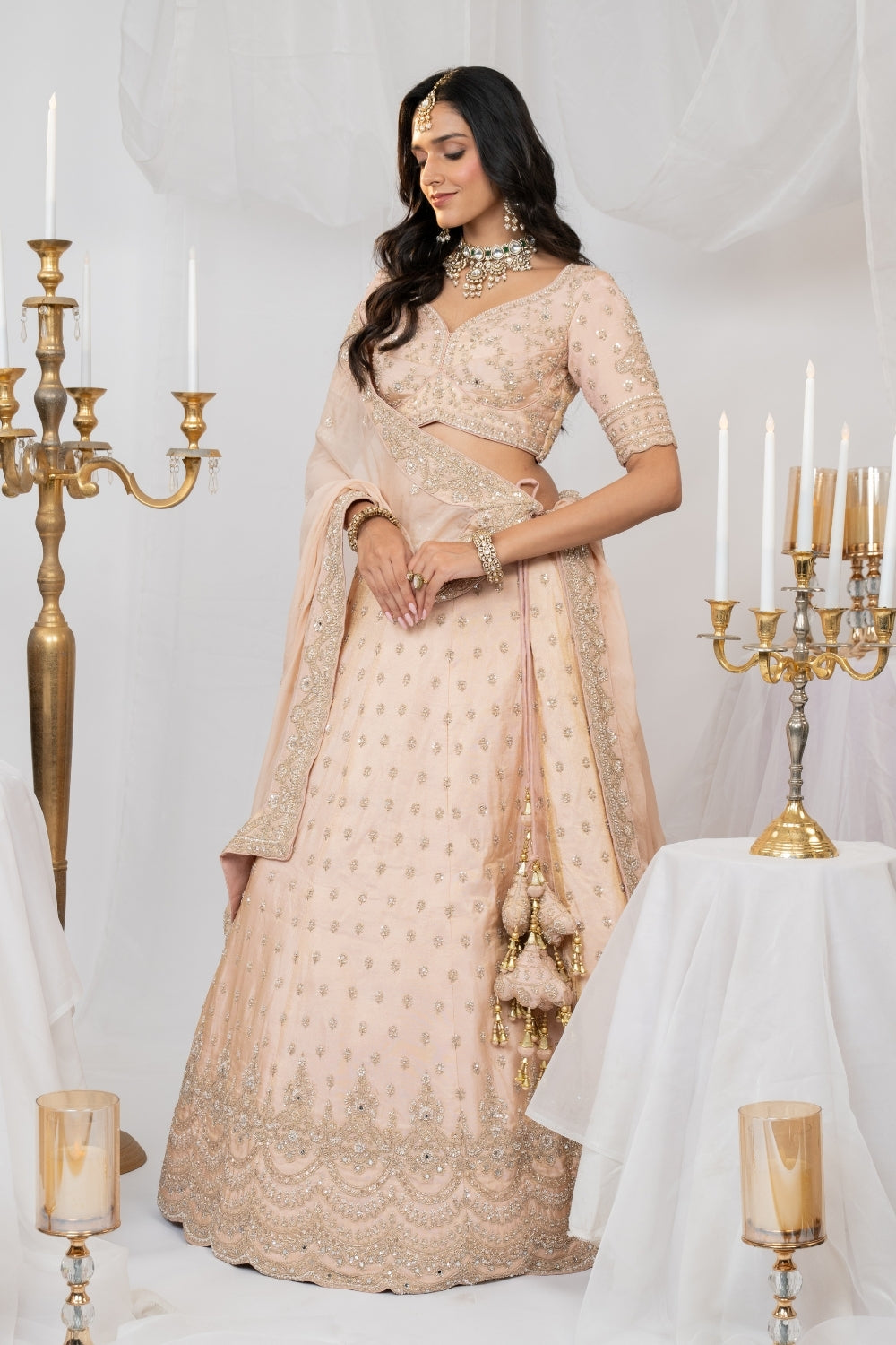 Peach Tissue Silk Lehenga Choli Set with Cutdana and Moti Work