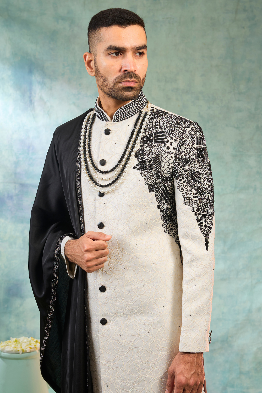 Black & white silk sherwani with thread embroidery