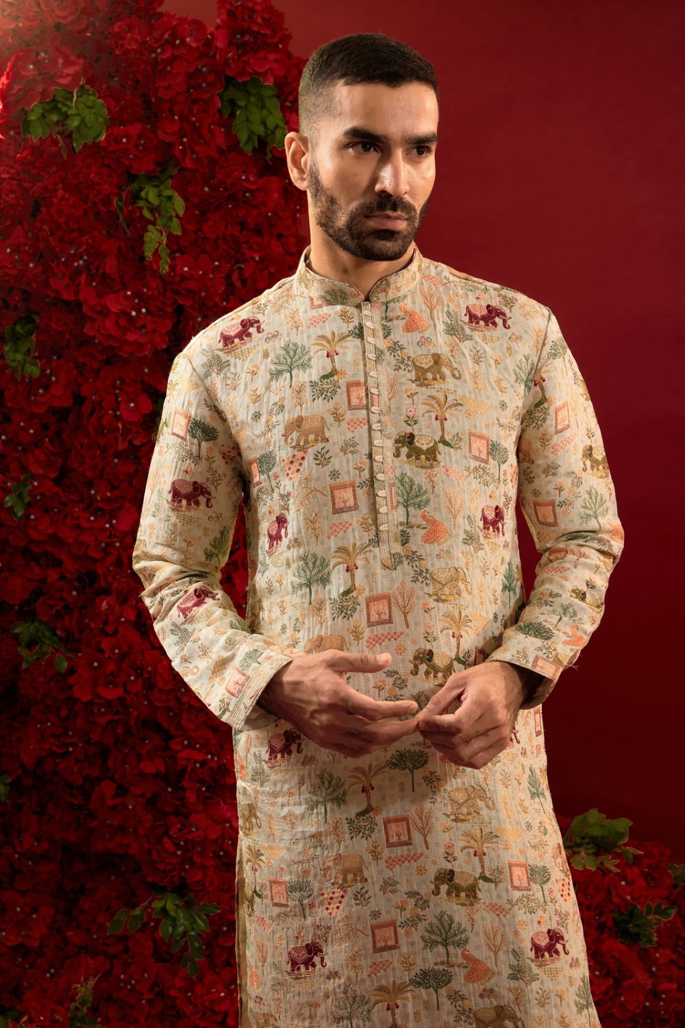 Cream silk kurta pajama with multicolour machine work