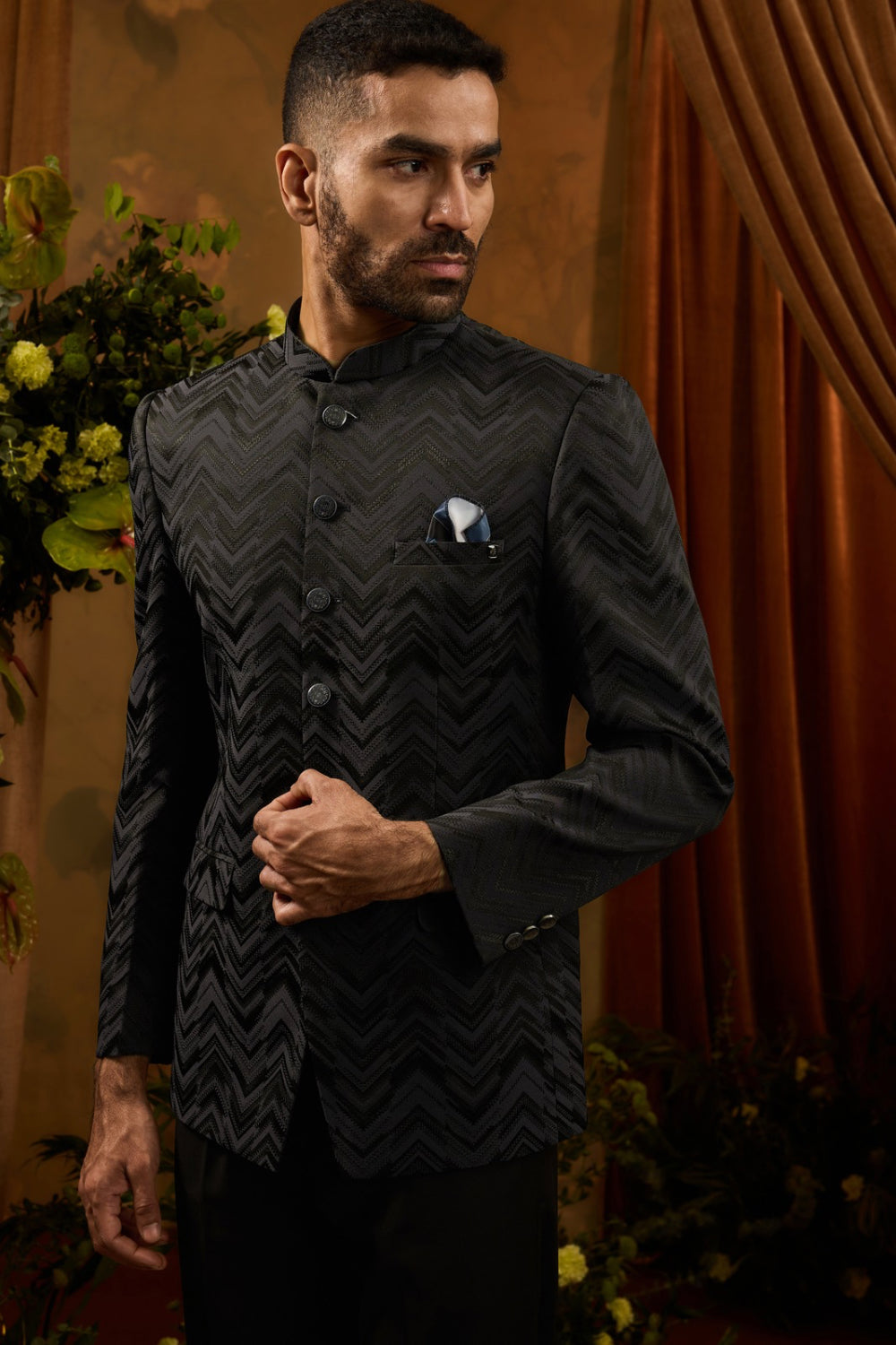 Black jaqcuard silk jodpuri suit