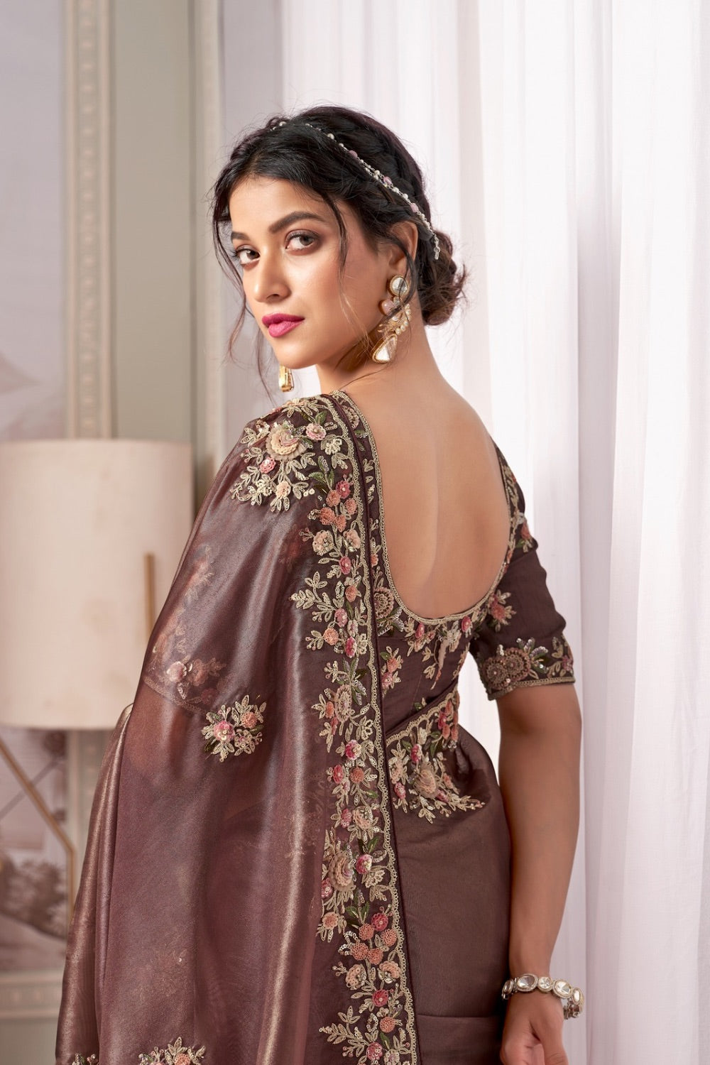 Brown soft silk saree with matching unstitched blouse