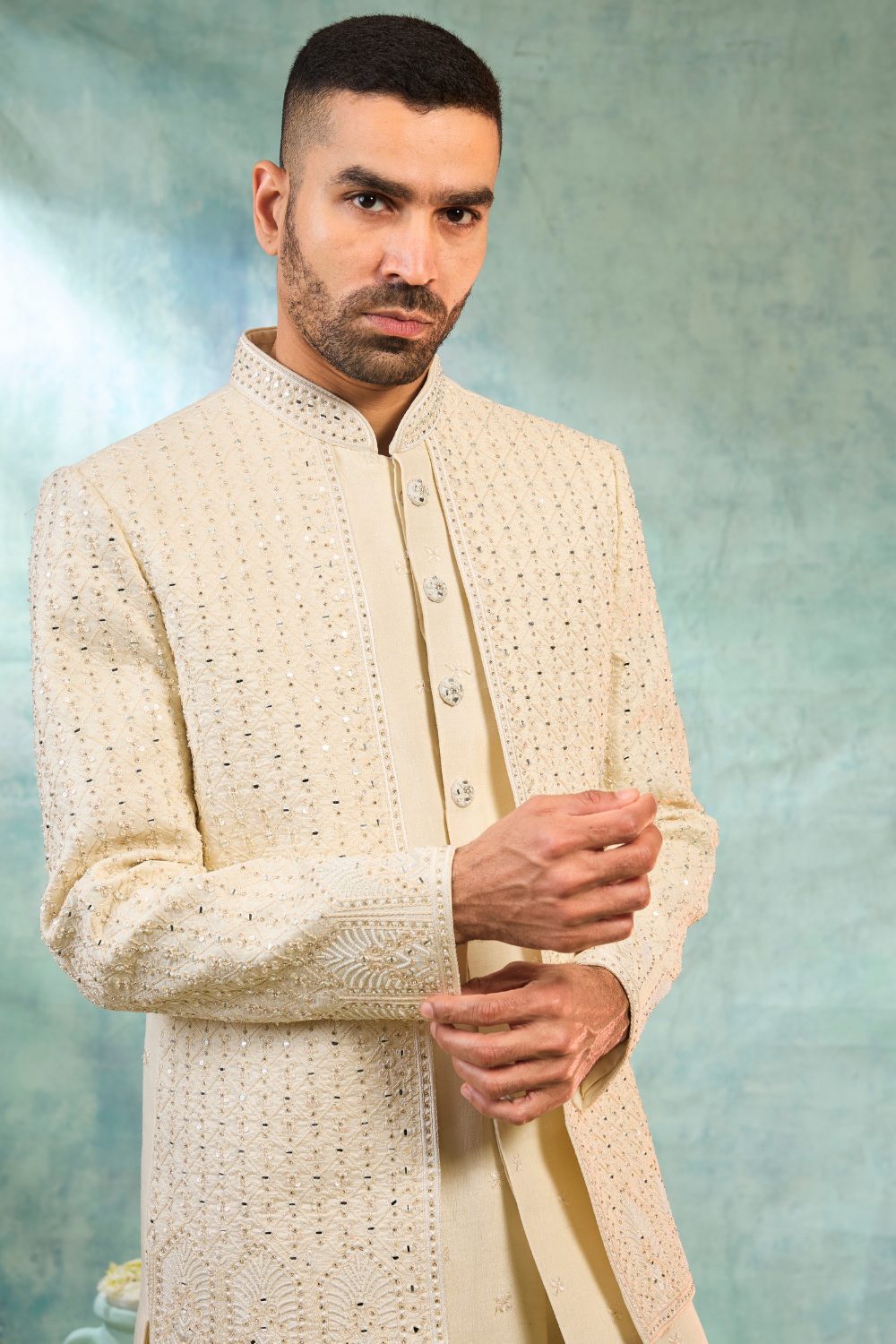 Ivory silk Indo-Western with mirror and thread work