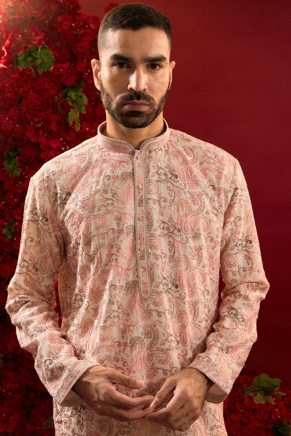 Peach silk kurta set with hand and machine work