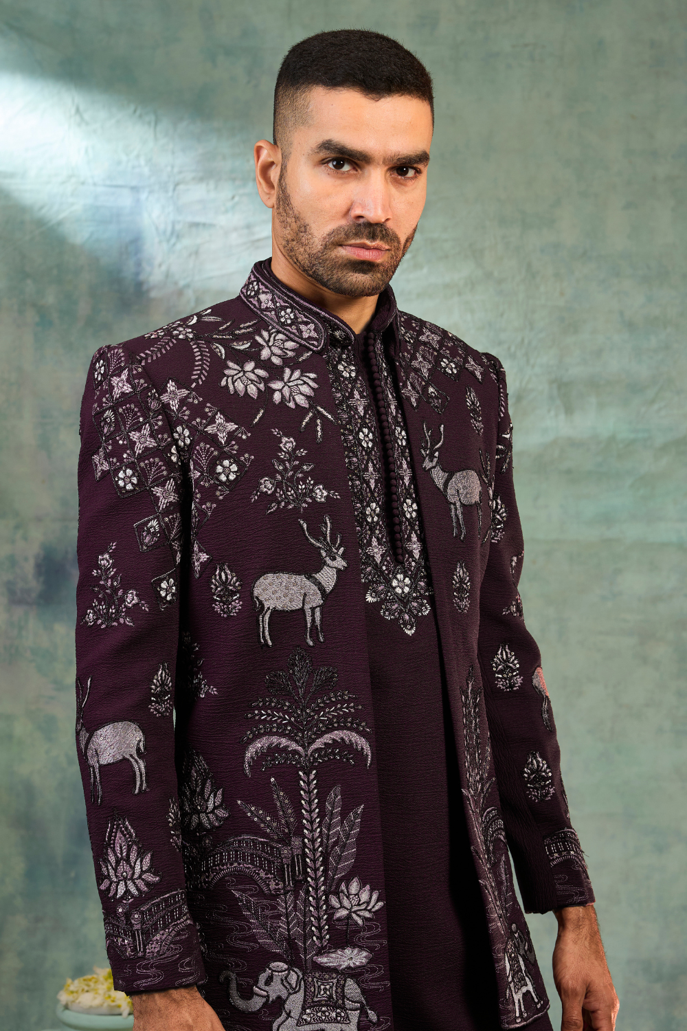 Wine silk Indo-Western with thread embroidery