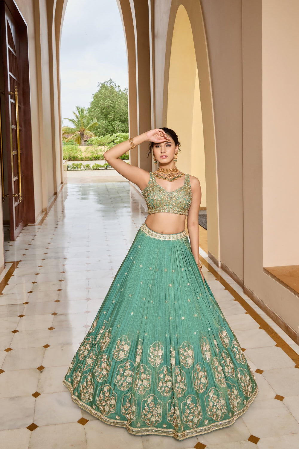 Sea green silk lehenga choli with thread embroidery and sequins work