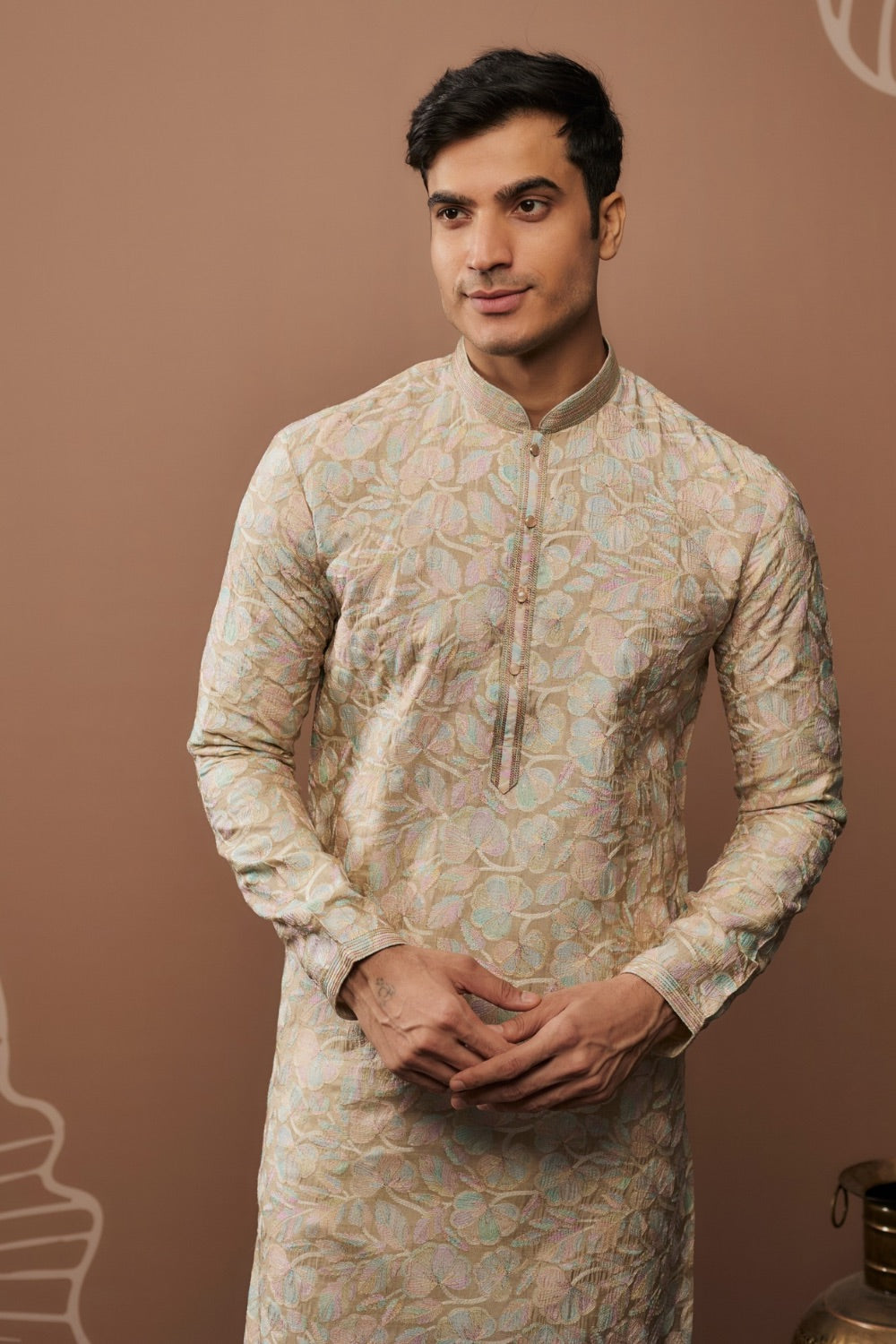 Beige silk kurta set with hand and machine work