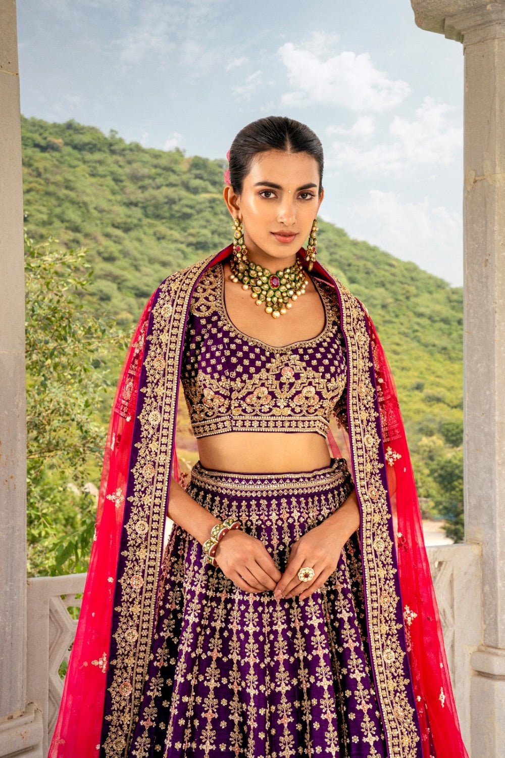 Purple raw silk lehenga choli with zardozi and hand cut dana work