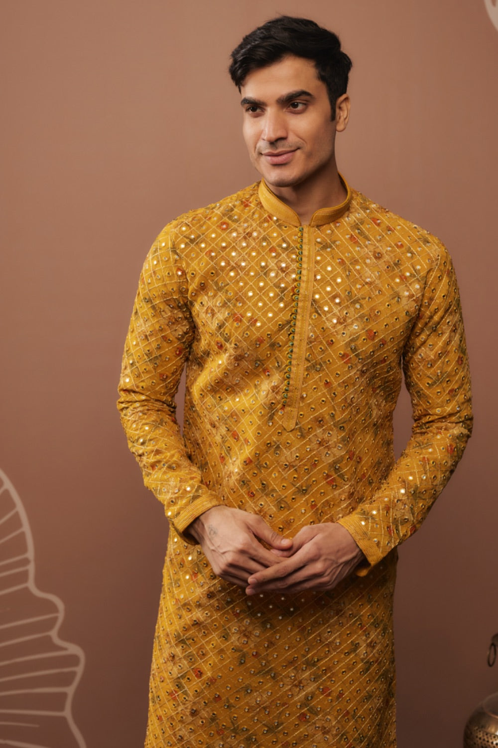 Mustard yellow silk kurta pajama with hand and machine work