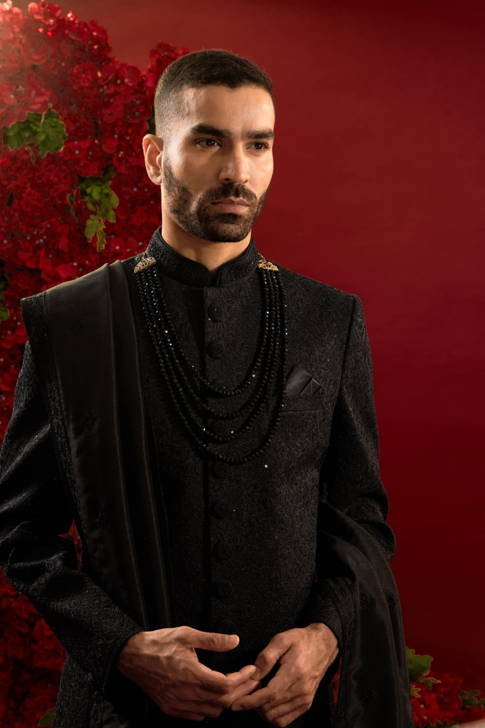 Black silk sherwani  with machine work