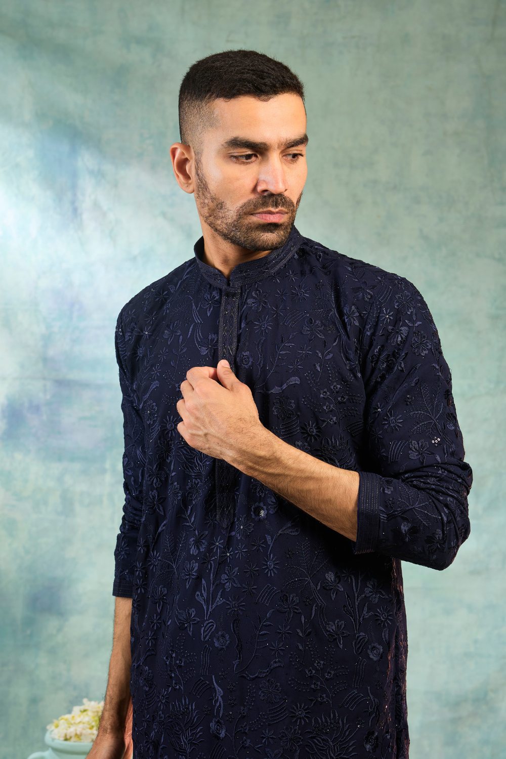 Navy blue silk kurta set with navy blue thread work and sequence