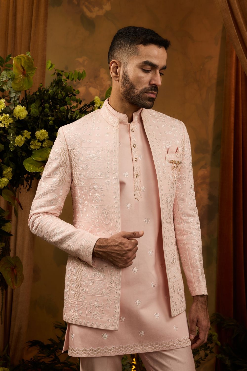 Peach silk open jodhpuri with white thread embroidery work