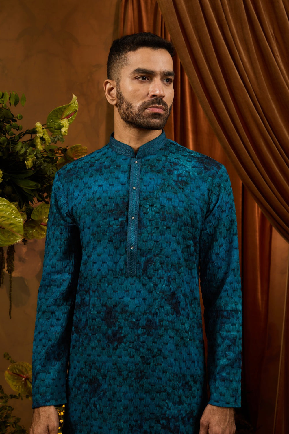 Peacock blue silk kurta set with thread work