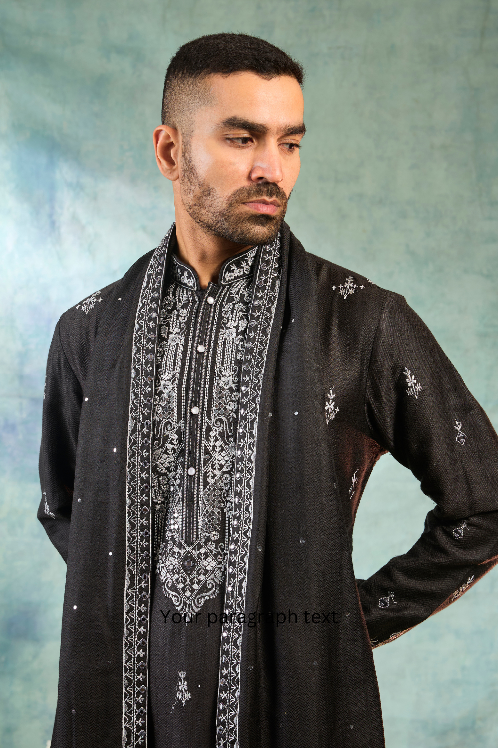 Silk black kurta set with contrast white thread work