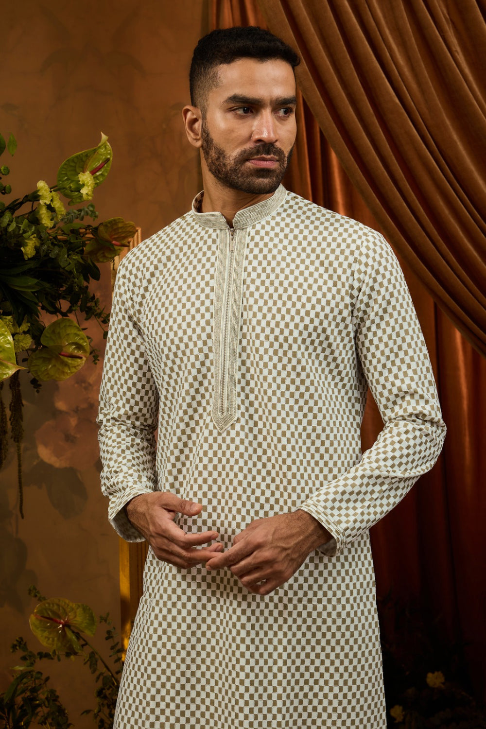 White silk kurta pajama with green checkered pattern