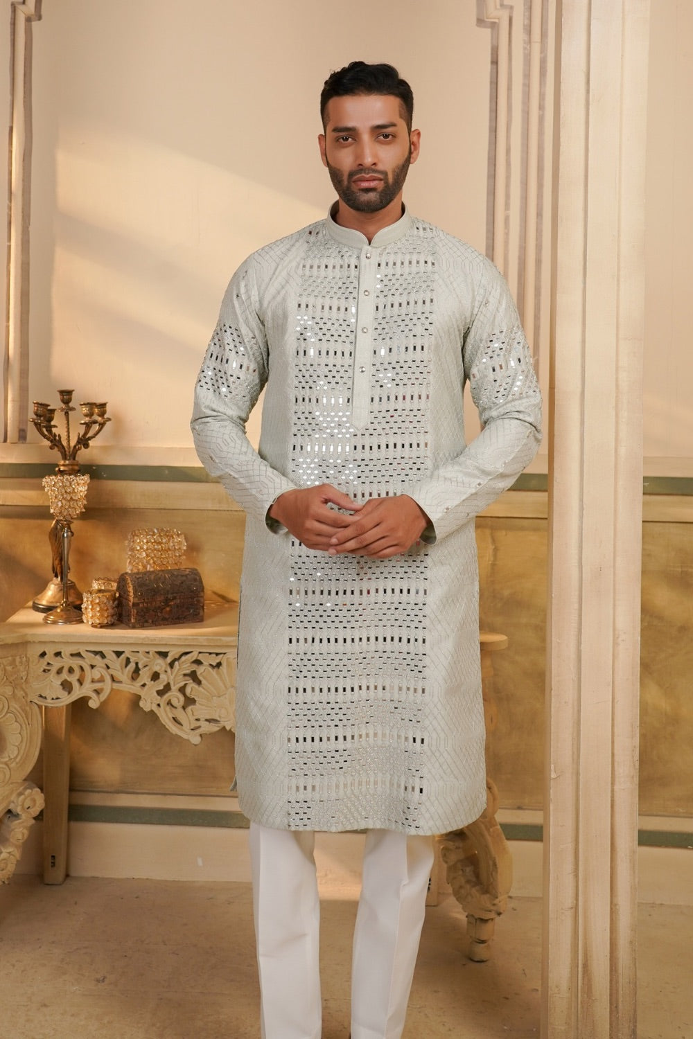 Pastel Green mirror work silk kurta set