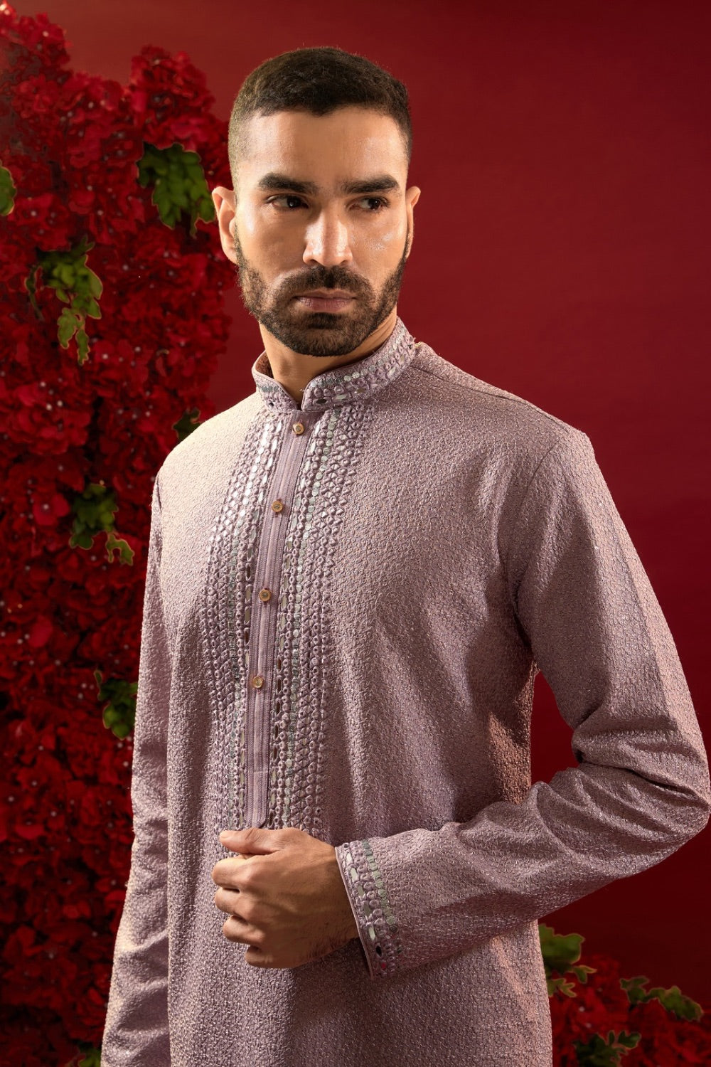 Lilac silk kurta set with hand and machine work