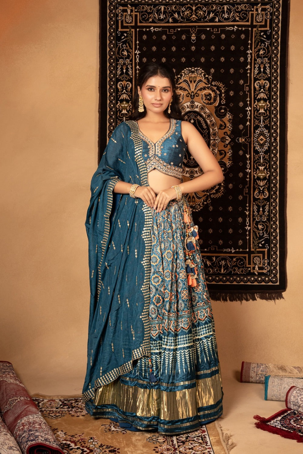 Peacock blue printed gaji silk lehenga choli