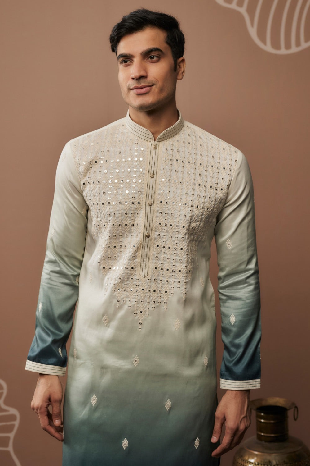 Blue shaded silk kurta and pajama with hand and machine work