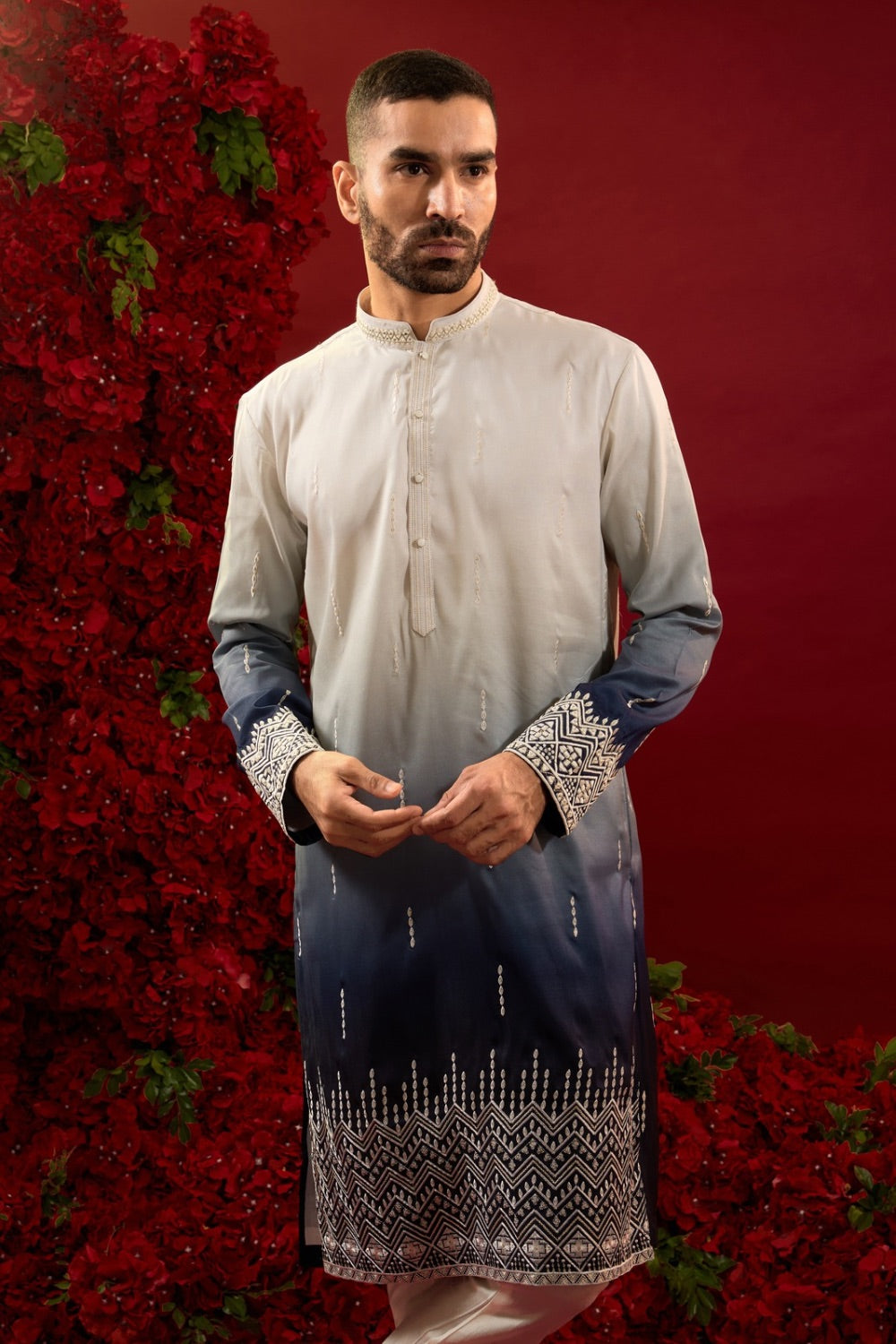 White and navy blue ombre silk kurta with machine work