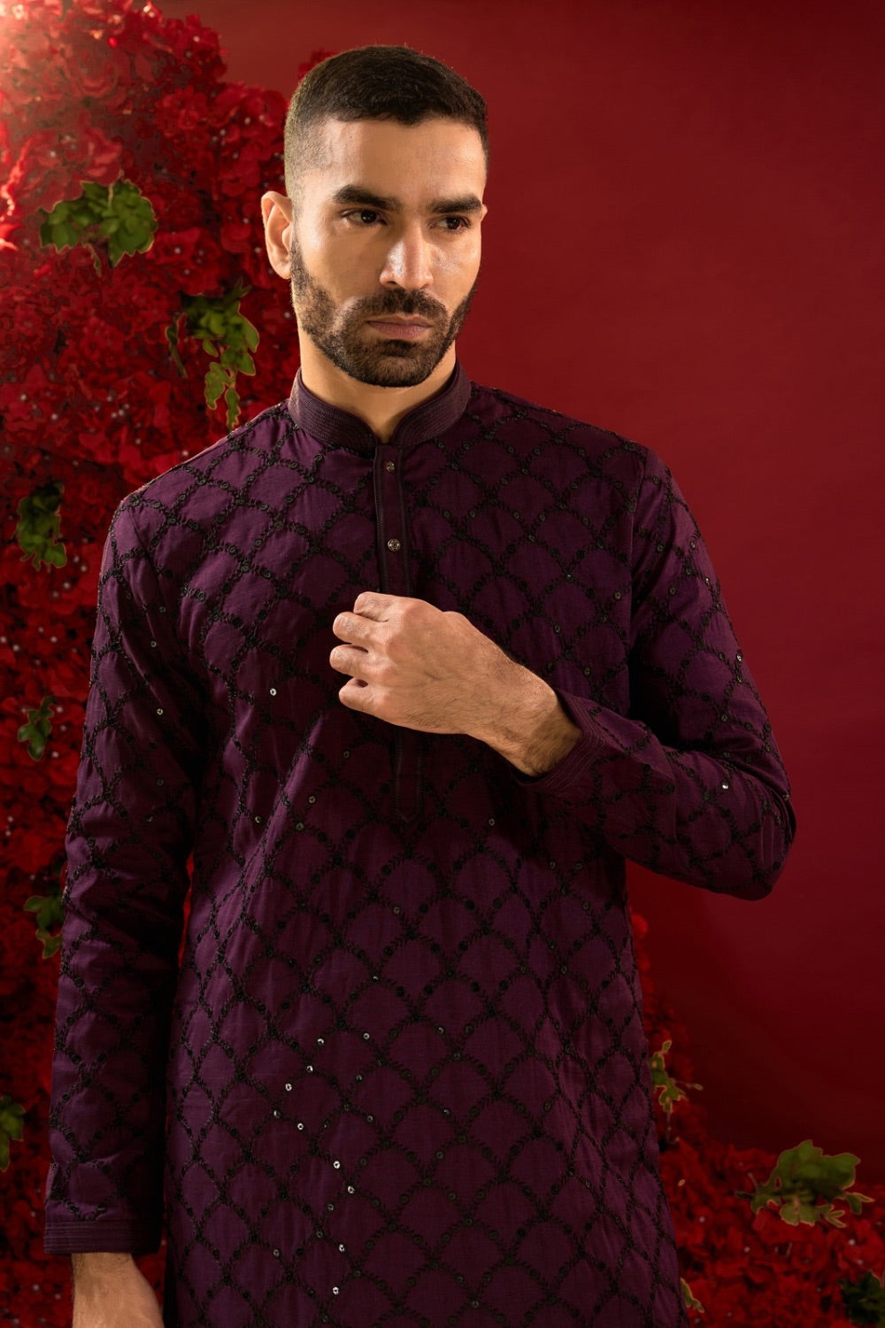 Deep purple silk kurta set with machine work