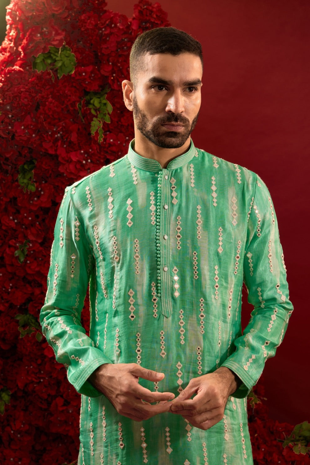 Green silk kurta pajama with hand & machine work