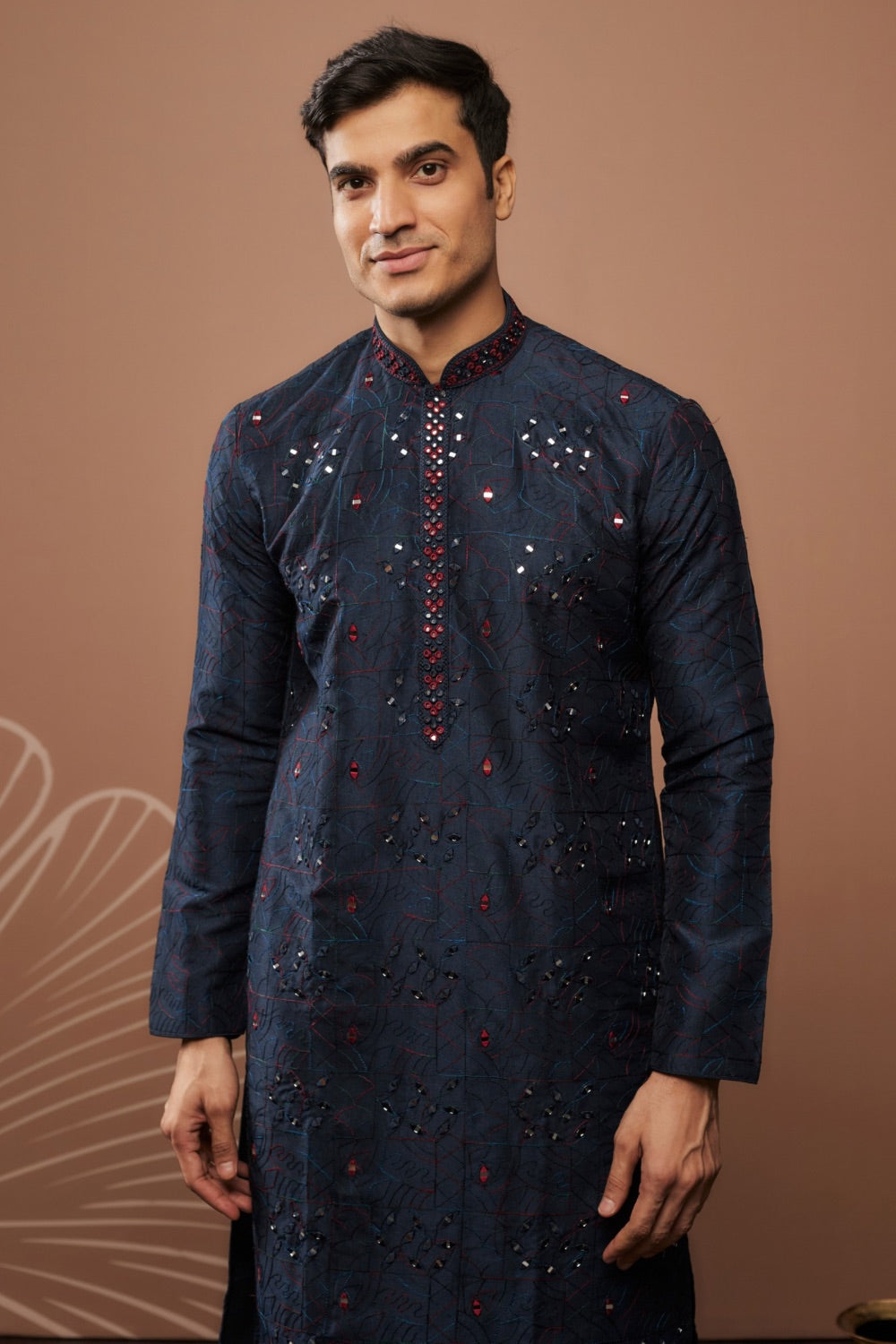 Dark blue silk kurta & pajama with hand and machine work