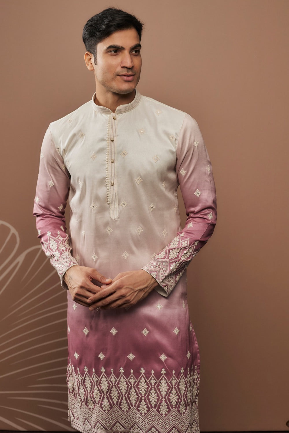 White-lilac ombre embroidered silk kurta set