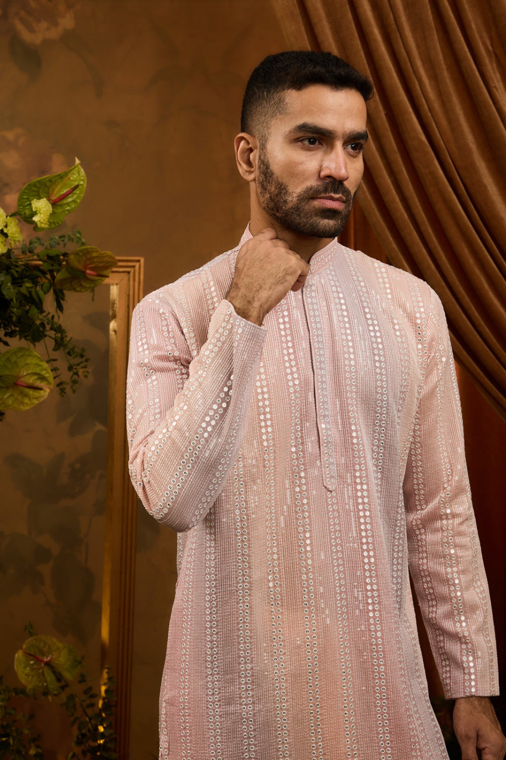 Peach silk kurta pajama set with white embroidery, sequin and thread work