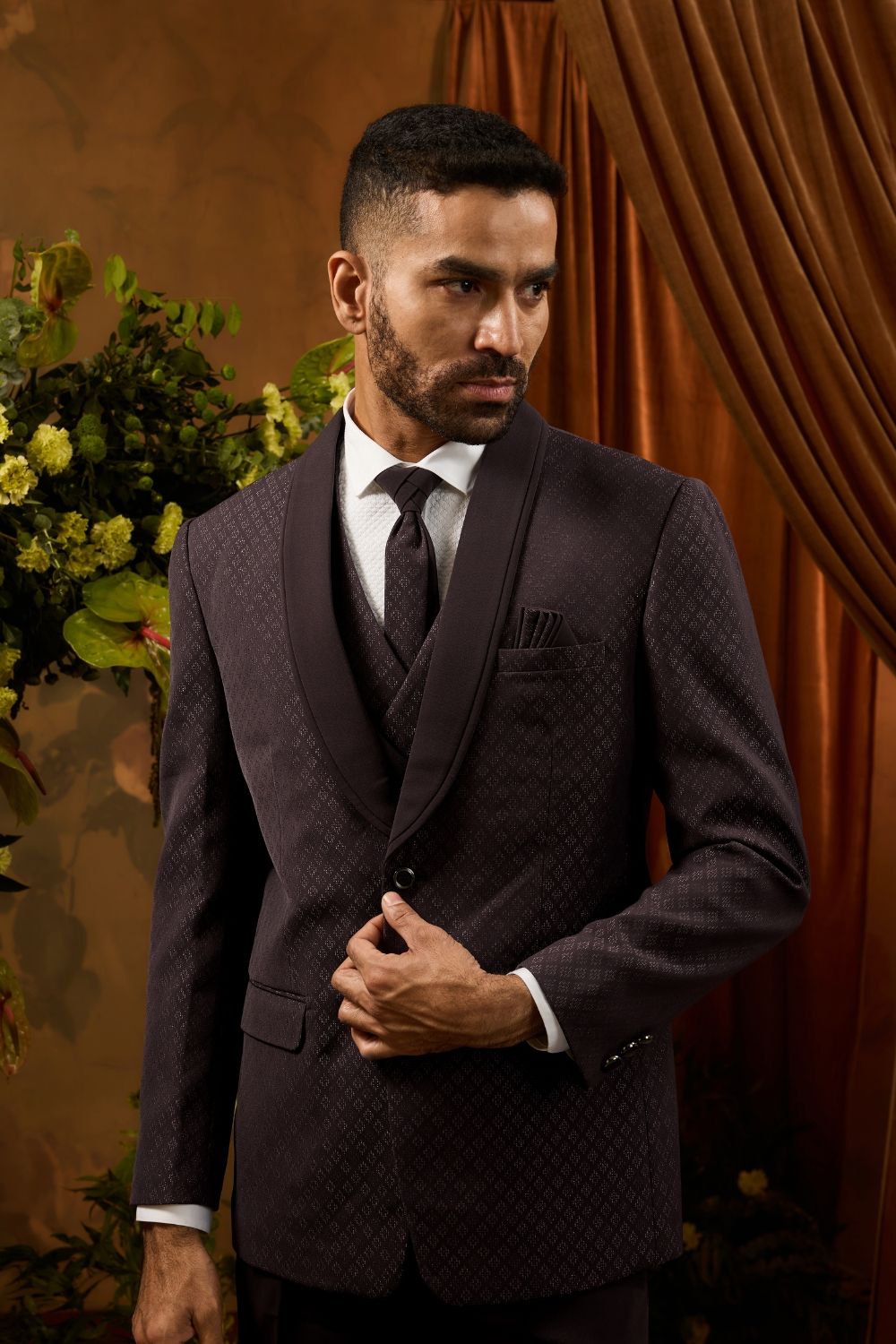 Maroon silk tuxedo with square texture