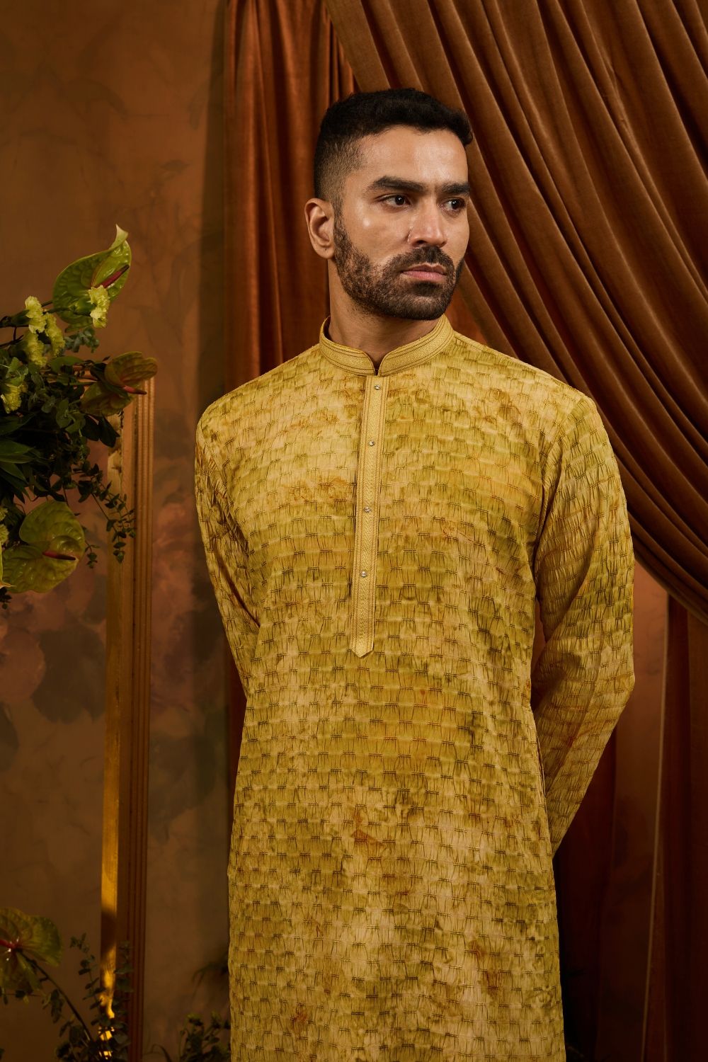 Yellow silk kurta pajama set with thread work