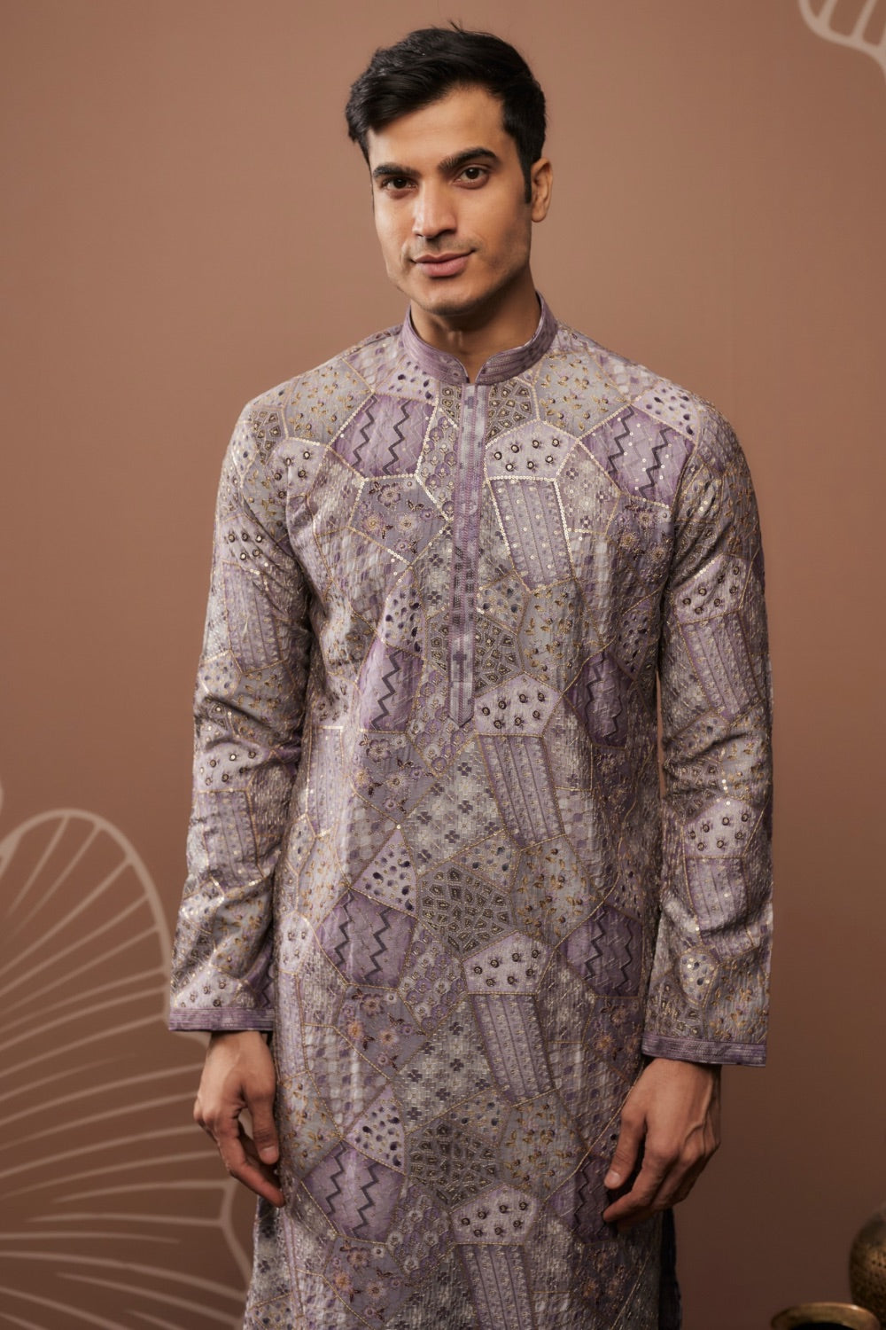 Silver silk kurta set with hand and machine work