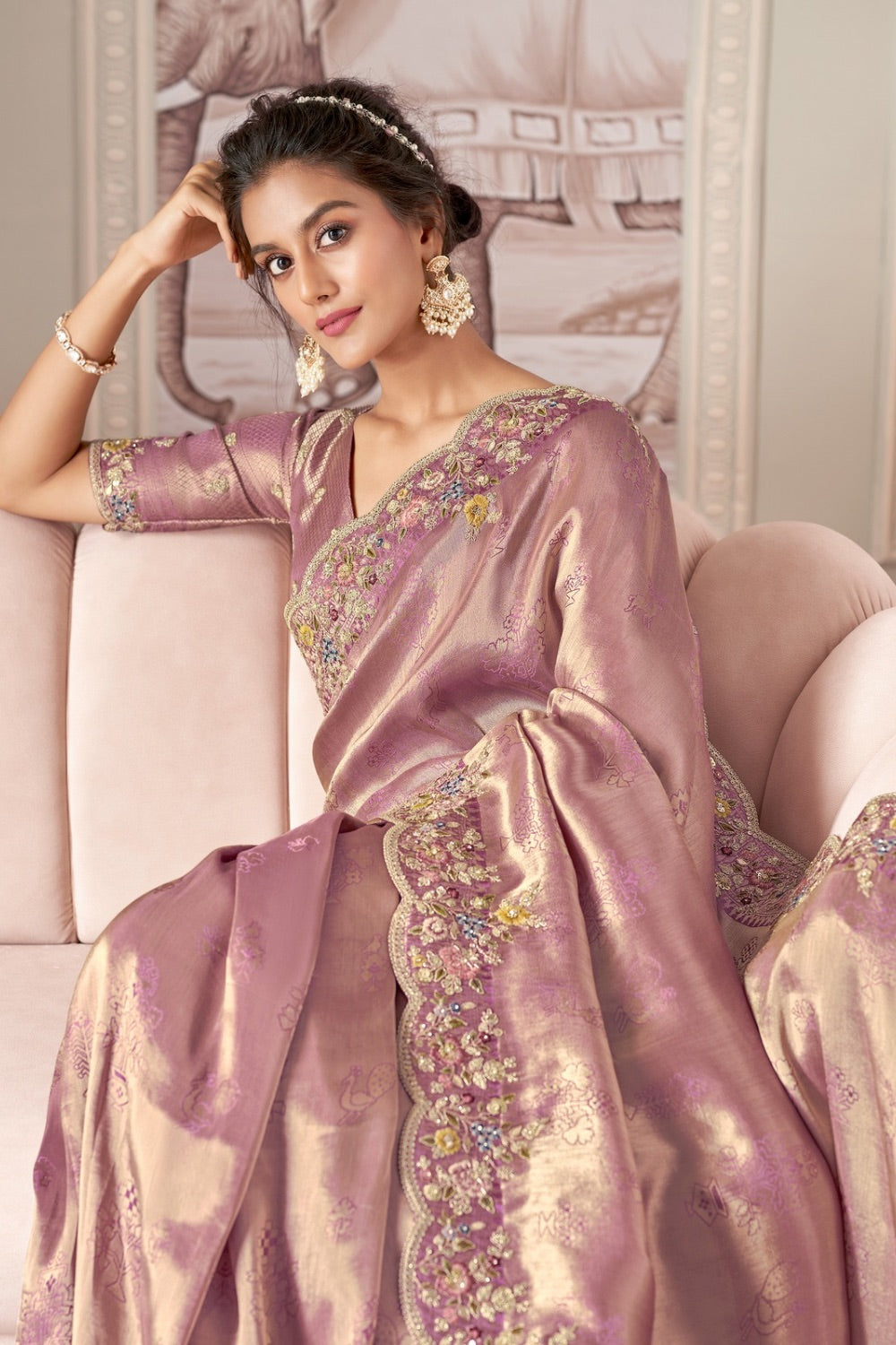 Soft mauve soft silk saree with unstitched blouse