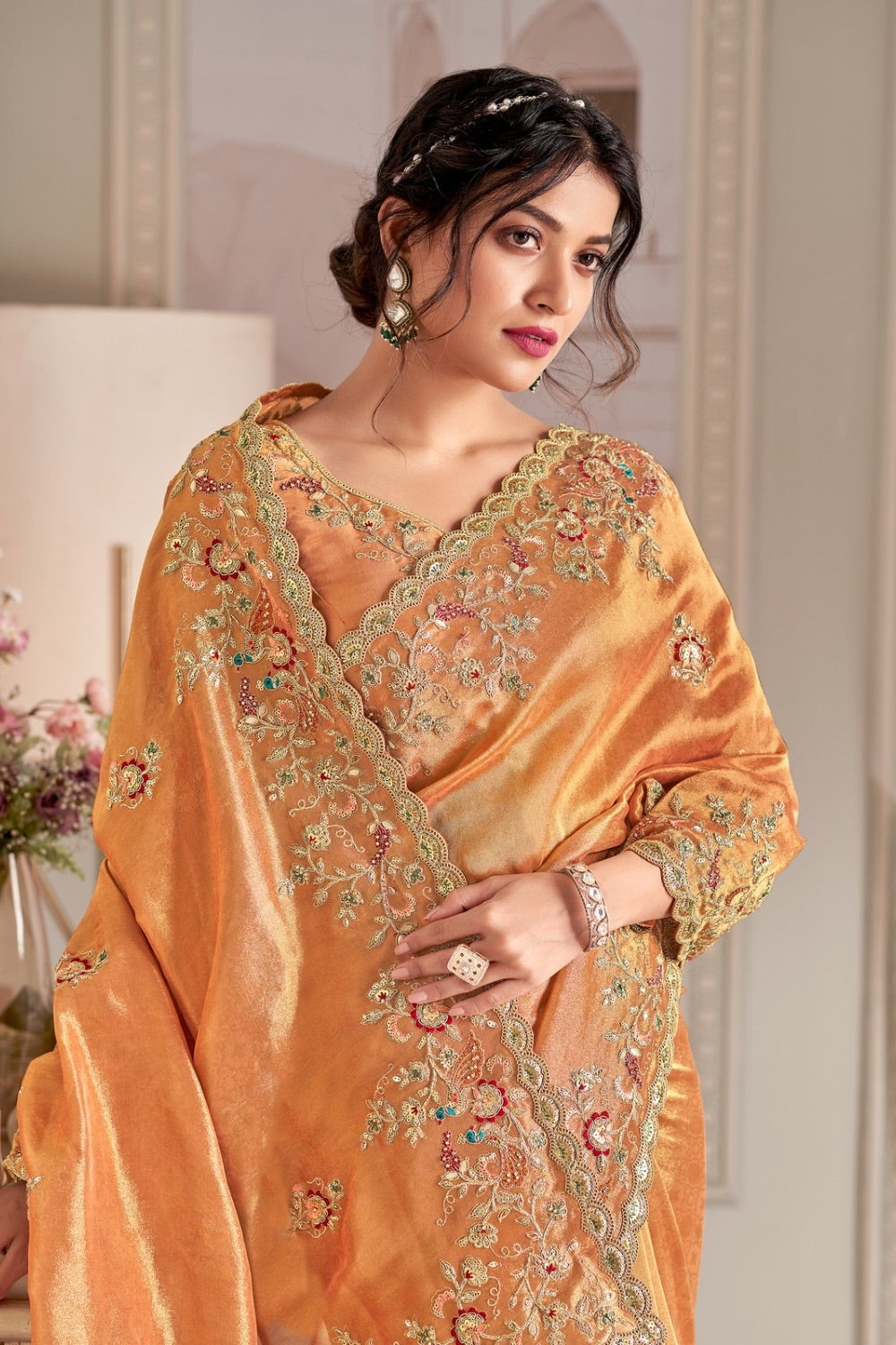 Mustard yellow banarasi silk saree with matching unstitched blouse