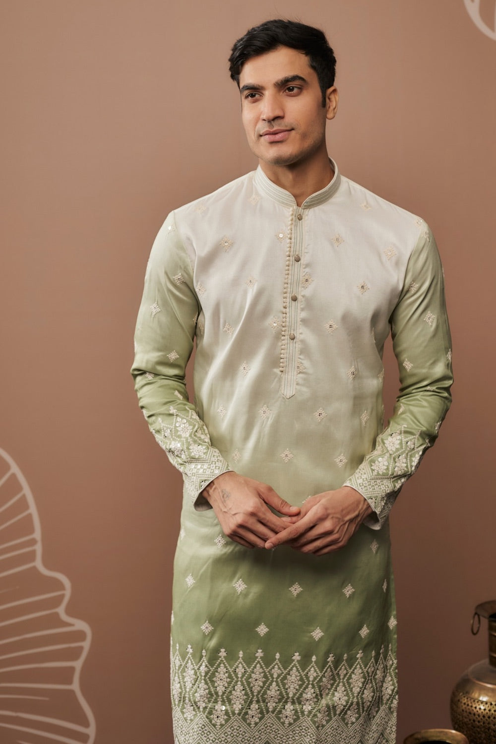 Green shaded silk kurta and pajama with hand and machine work