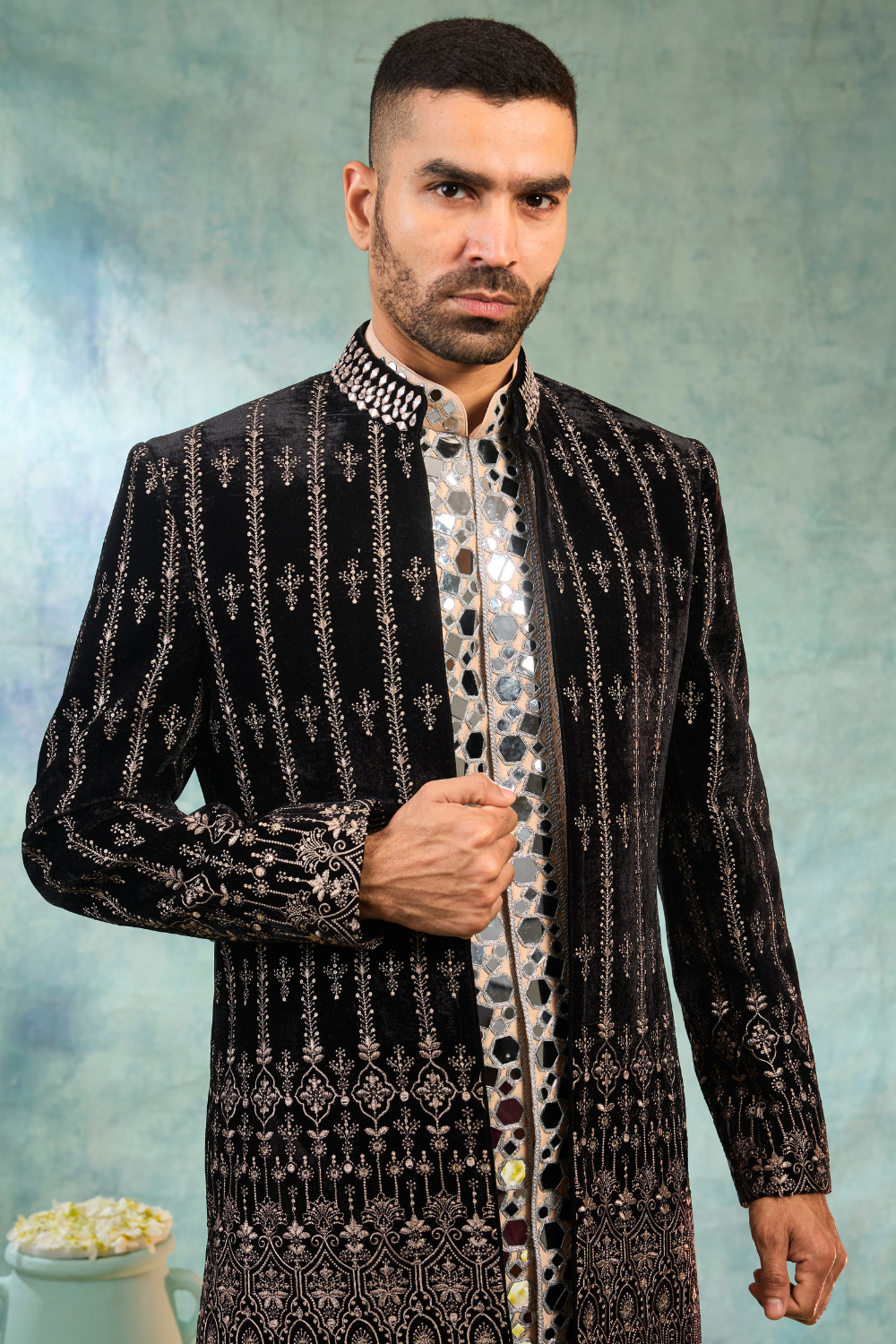 Black velvet sherwani with mirror and thread work