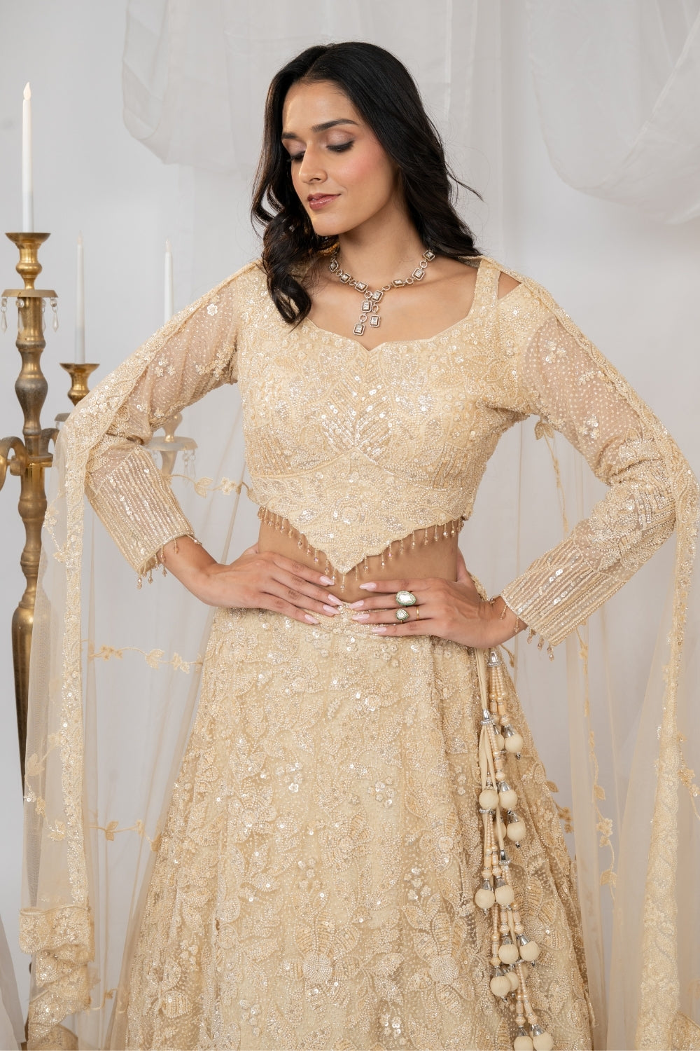 Golden Organza Net Lehenga Choli Set with Sequins and Moti Work