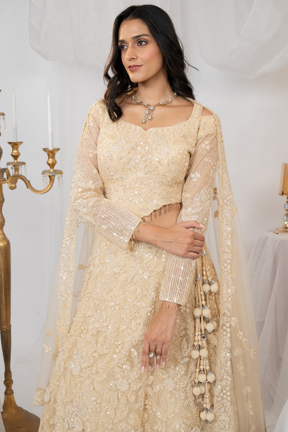 Golden Organza Net Lehenga Choli Set with Sequins and Moti Work