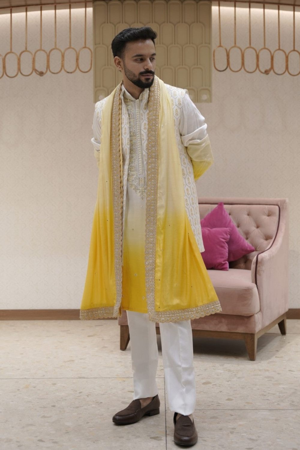 Yellow Silk Kurta Set with Silver Thread Embroidered Jacket and Dupatta