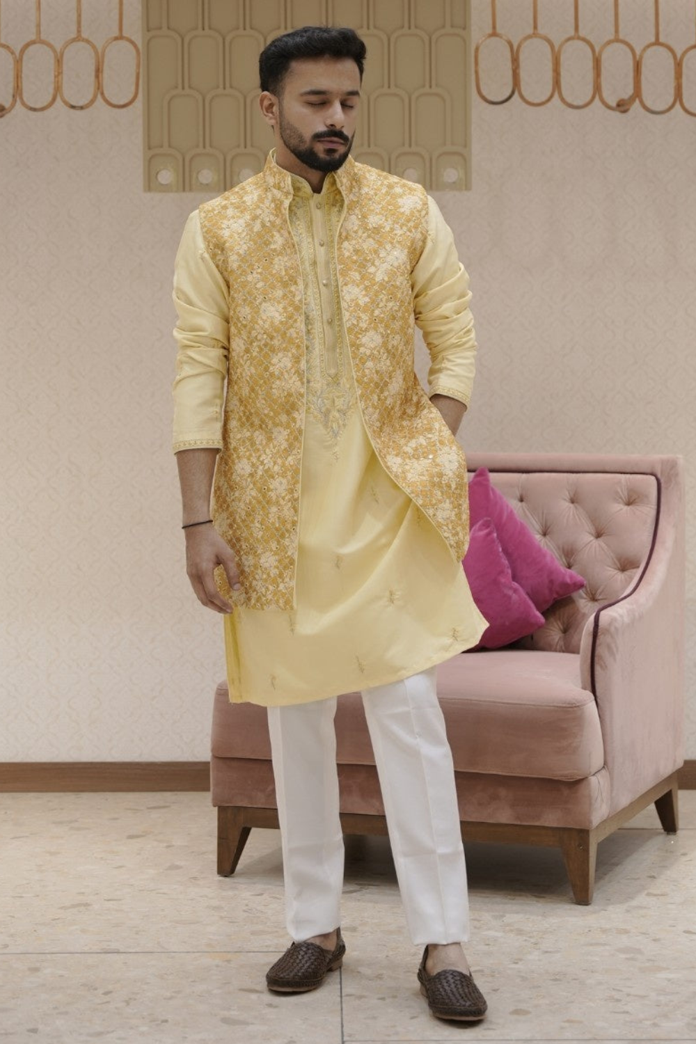 Yellow Silk Kurta Set with Mirror Work Embroidered Jacket