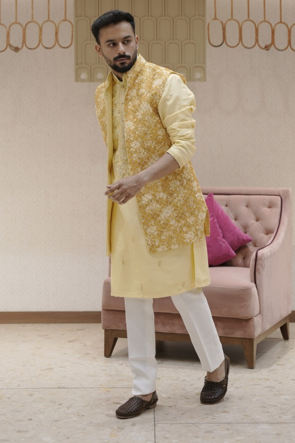 Yellow Silk Kurta Set with Mirror Work Embroidered Jacket