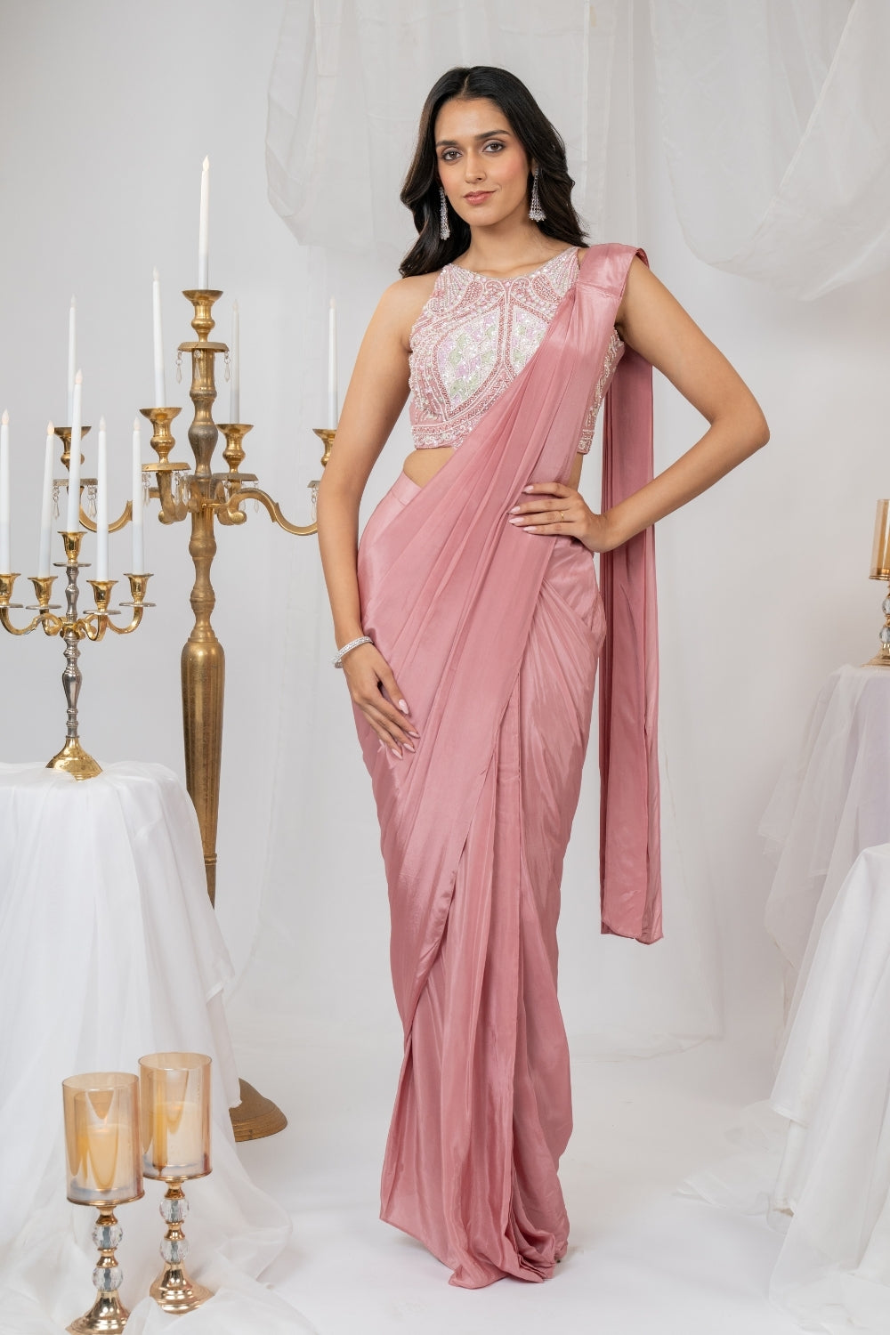 Mauve Satin Silk Pre-Draped Saree with Sequins and Pearl Work